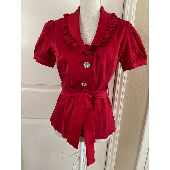 Cachet red holiday party blouse rhinestones button up - Picture 1 of 4